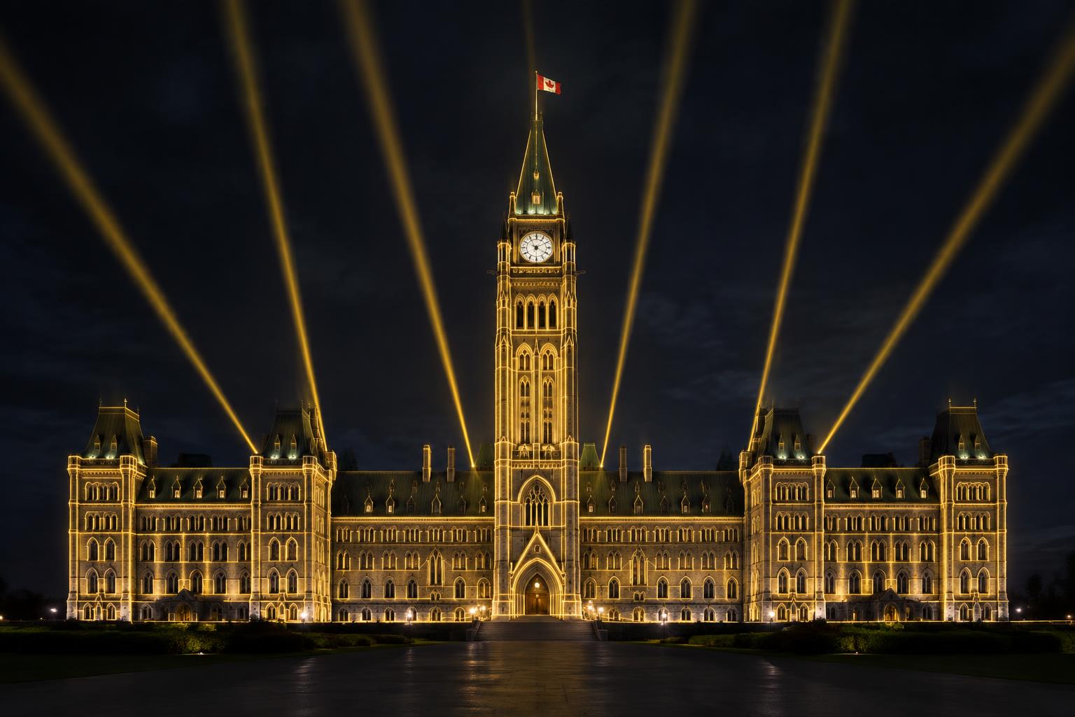 Concept visualization of facade laser mapping and beams over a commercial building at night